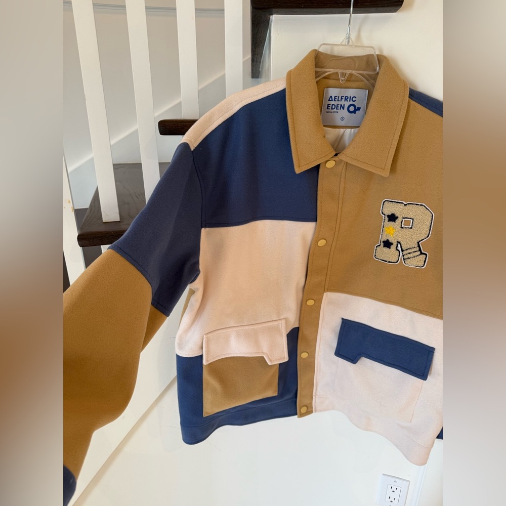 Men's Colorblock Varsity Jacket - Tan & Navy - Picture 4 of 9